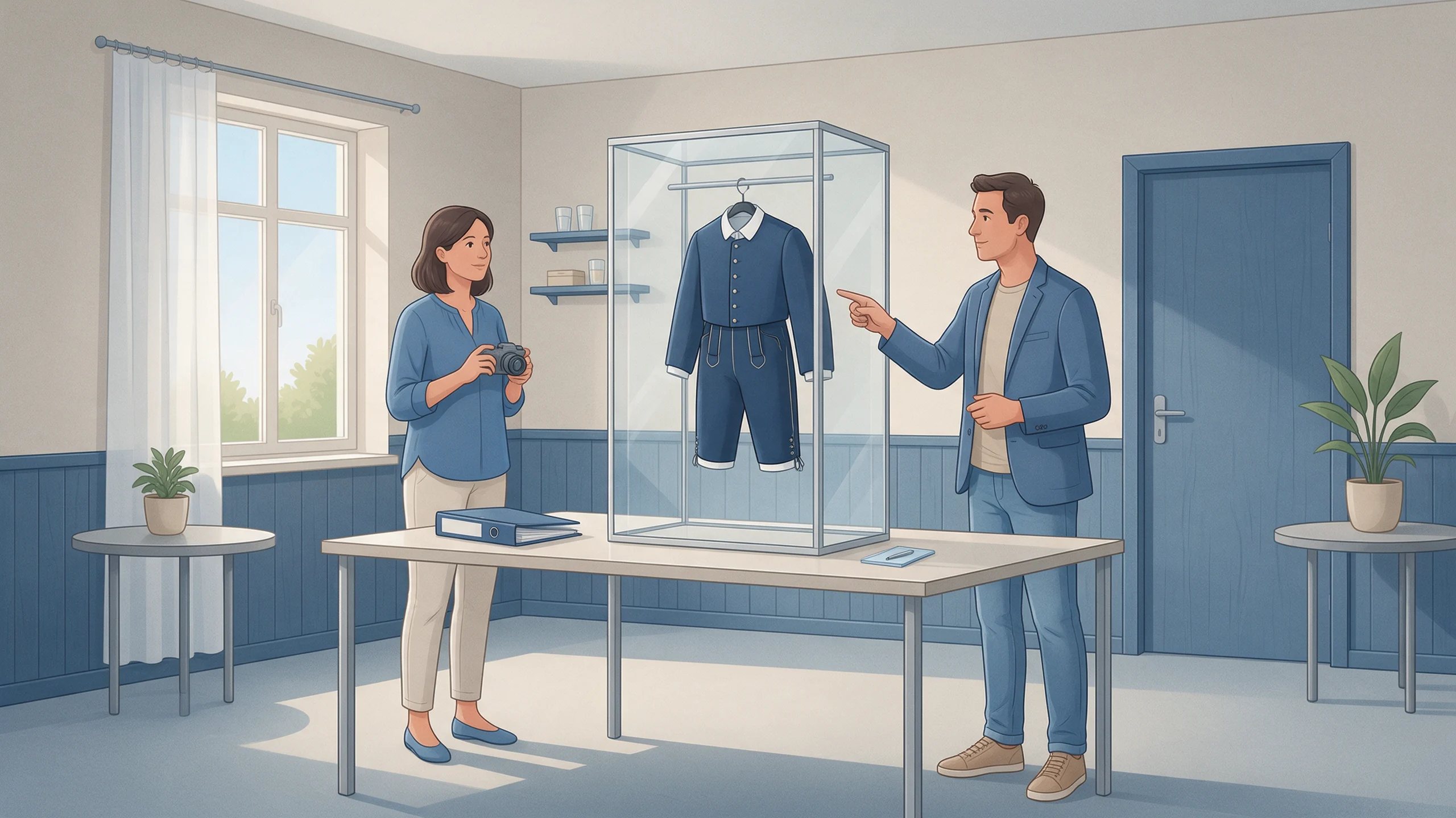 Zwei Erwachsene besprechen mit einer Kamera eine Vitrine mit einem neutralen Kleidungsstück.