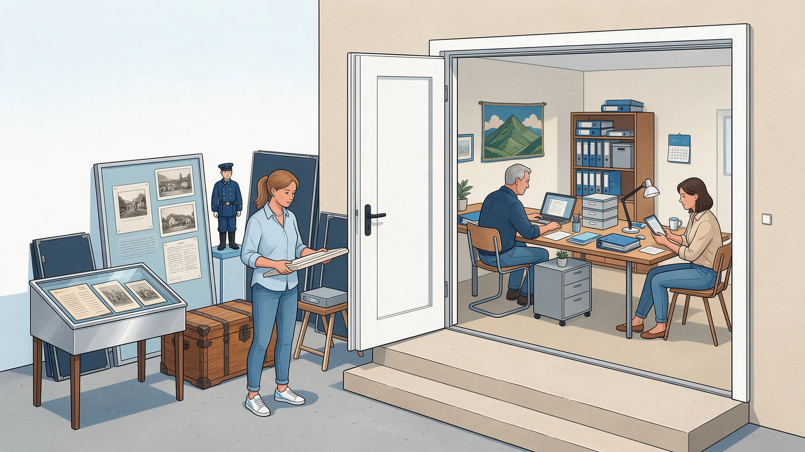 Eine Person sichtet Ausstellungsmaterial, während zwei weitere im angrenzenden Raum Unterlagen bearbeiten.
