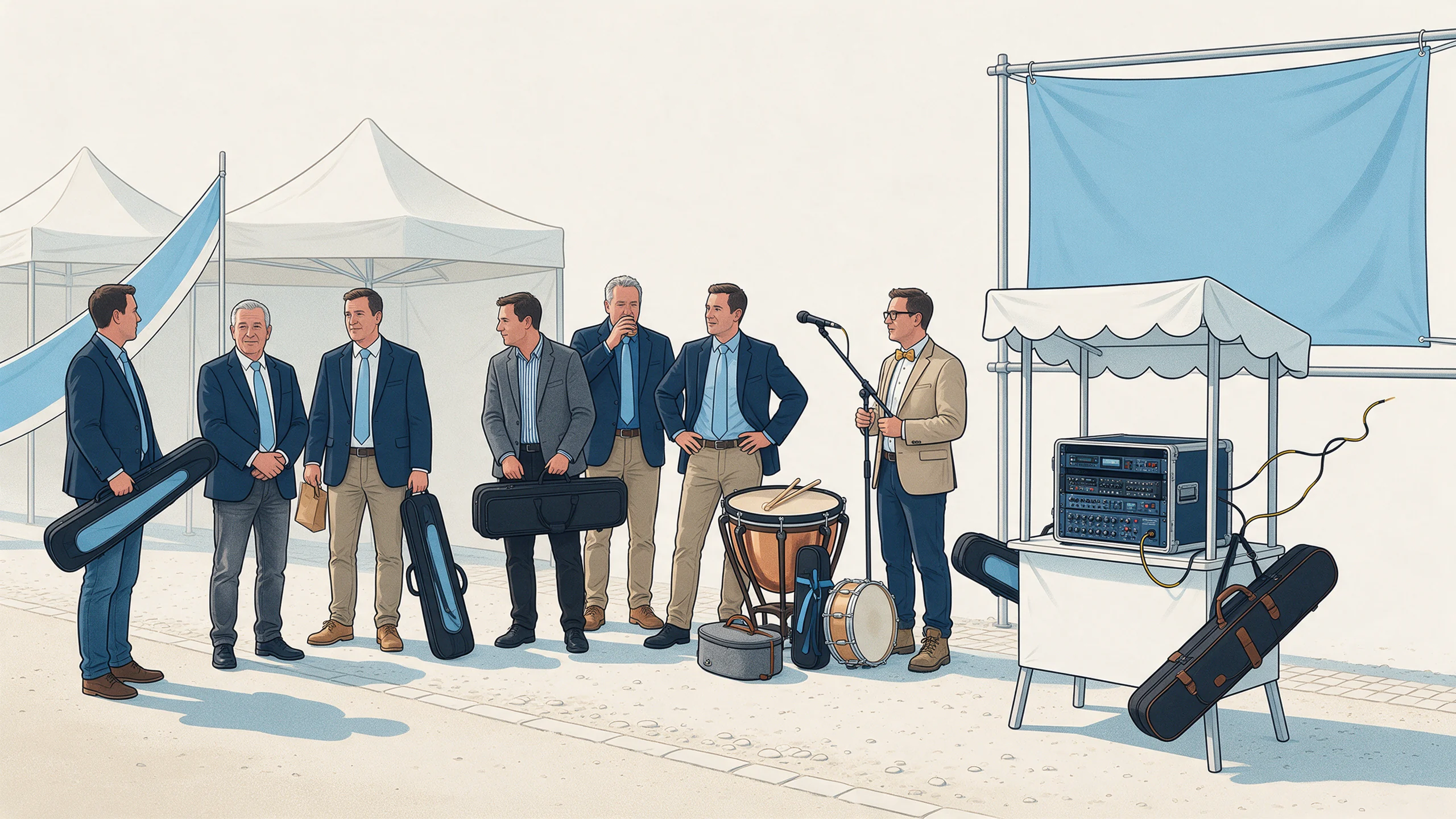 Eine Musikgruppe wartet mit Instrumentenkoffern neben einem Feststand mit Tonanlage.