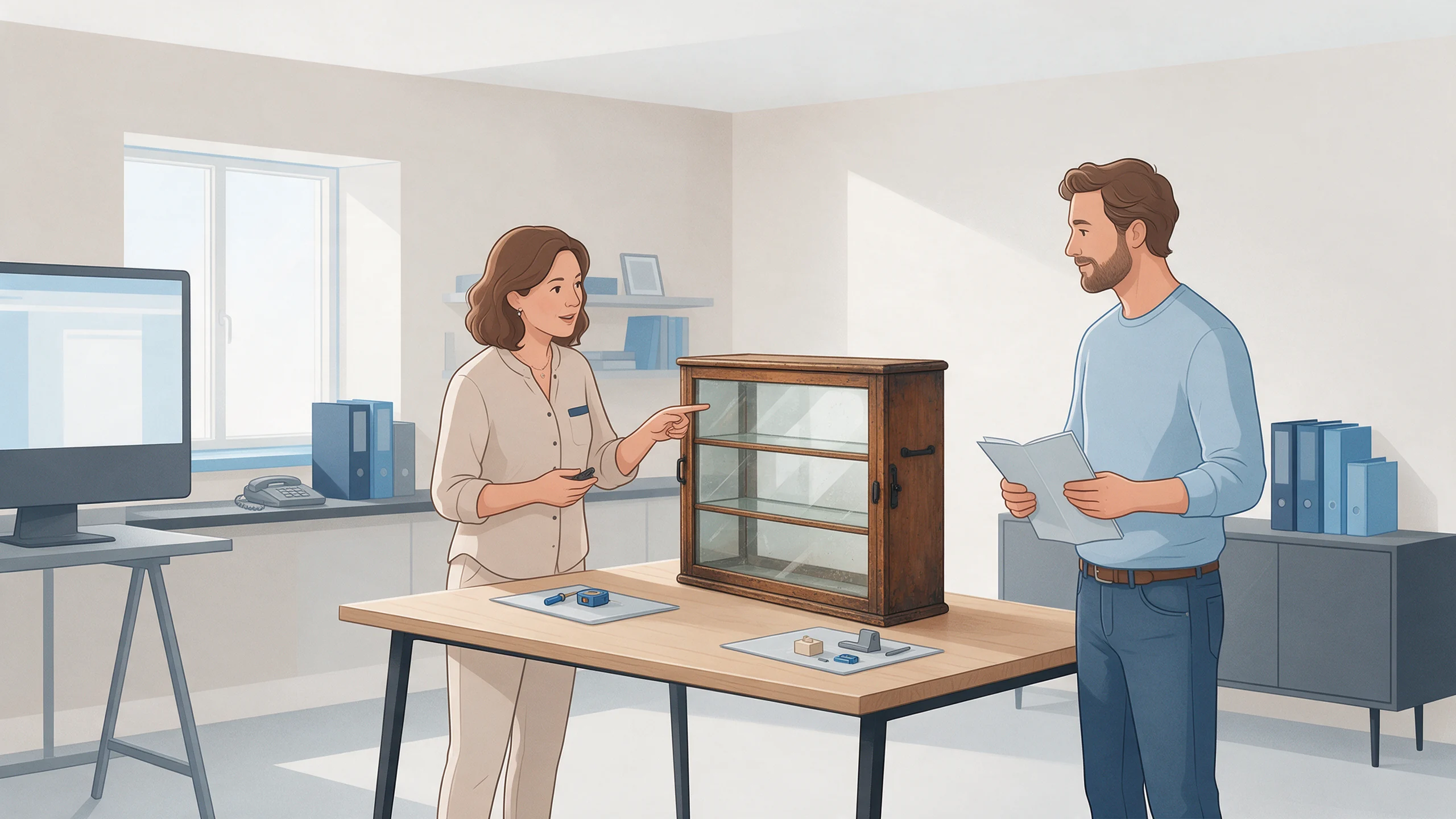 Zwei Personen besprechen eine leere Vitrine und Unterlagen im Vereinsraum.