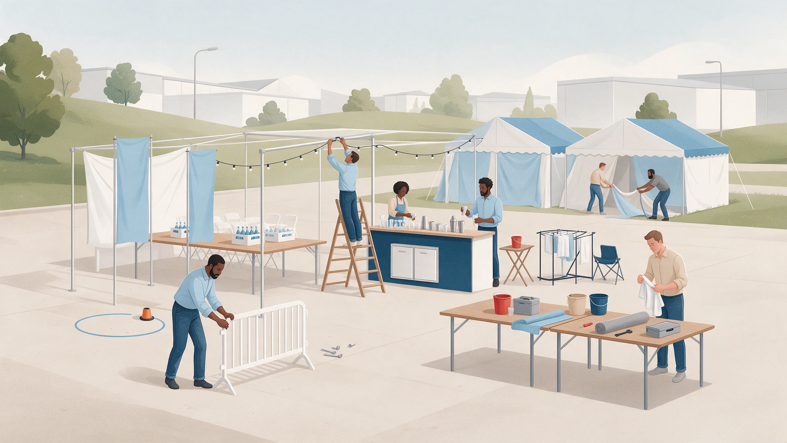 Mehrere Erwachsene bauen einen noch leeren Festplatz mit Zelten und Material auf.