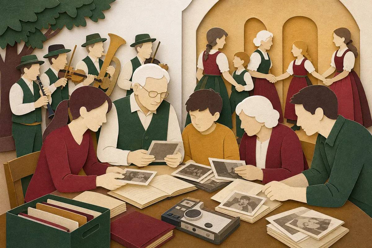 Mehrere Generationen eines Brauchtumsvereins dokumentieren gemeinsam eine lebendige Tradition und geben Wissen praktisch weiter.