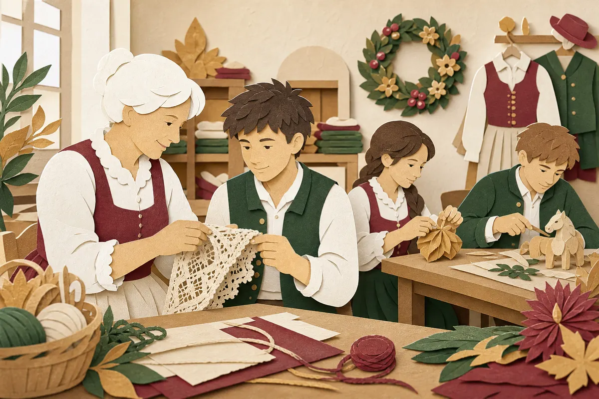 Erfahrene Vereinsmitgliedin zeigt Jugendlichen eine traditionelle Handarbeit im Vereinsraum