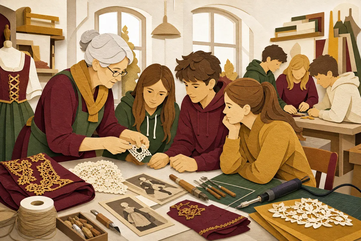 Eine ältere Vereinsangehörige zeigt Jugendlichen in einer Werkstatt eine traditionelle Handarbeit.