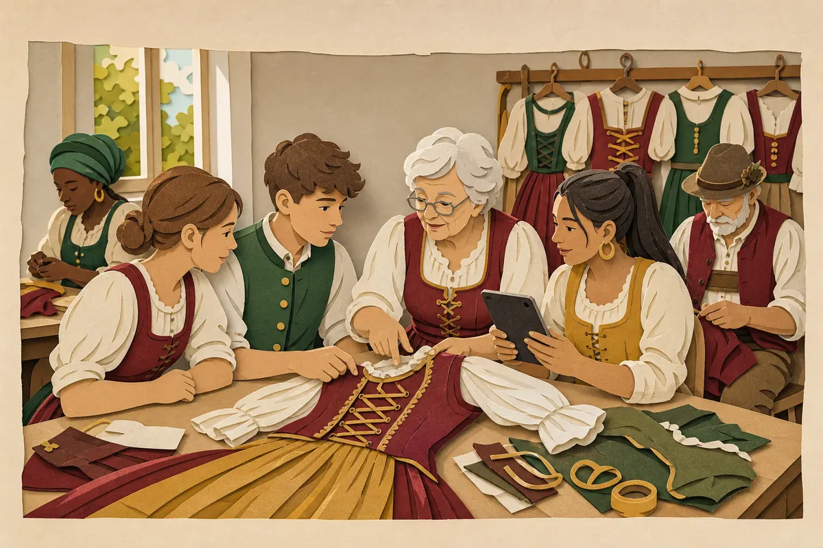 Mehrere Generationen geben in einem Vereinsraum gemeinsam eine traditionelle Handarbeit weiter