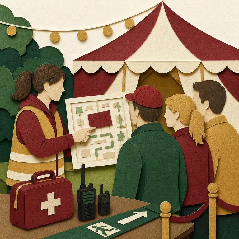 Helferteam bespricht vor einem Festzelt den Sicherheits- und Notfallplan.