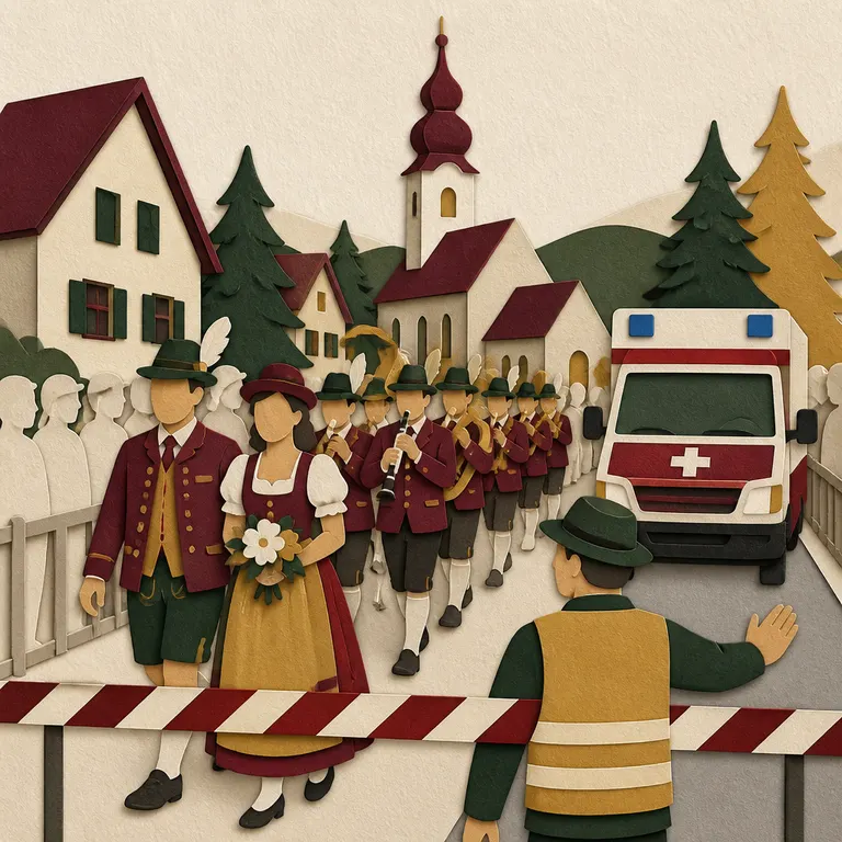 Brauchtumsumzug mit Musikkapelle, Ordnern und gesicherter Straße.