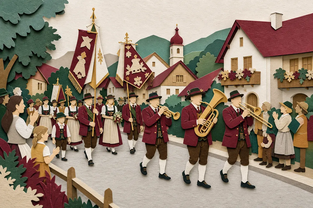 Öffentlicher Brauchtumsumzug mit Trachtengruppen und Blaskapelle