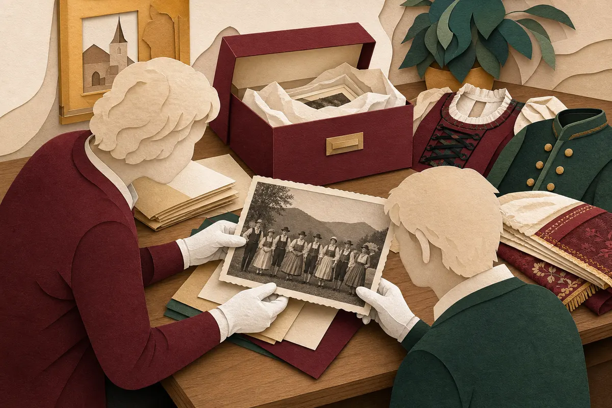 Ehrenamtliche prüfen ein historisches Foto neben Trachten und einer Archivbox