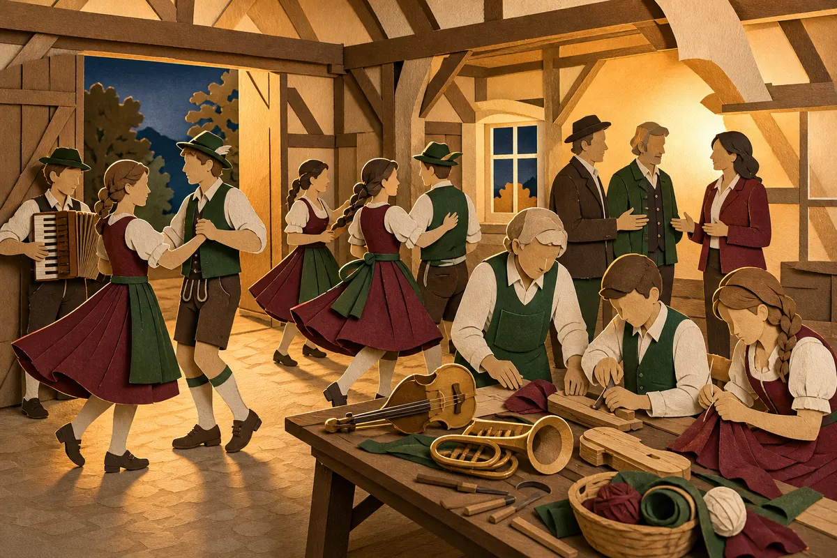 Junge und ältere Vereinsmitglieder geben in einer historischen Scheune traditionelles Wissen an die nächste Generation weiter