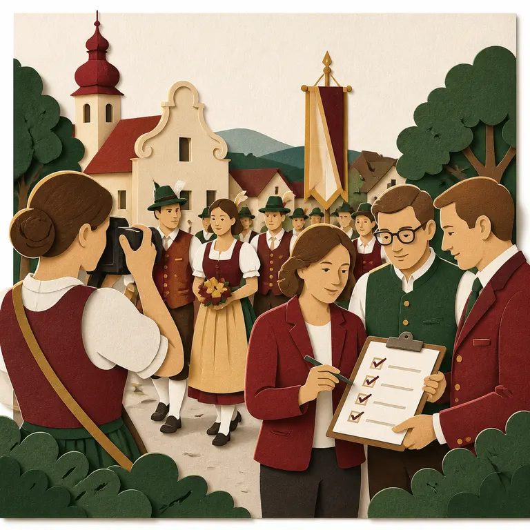 Vereinsfotografin dokumentiert einen Festzug, während der Vorstand Bildrechte und Freigaben prüft